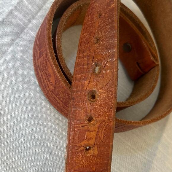 Brn Leather Western Boho Belt Embossed Animal Print No buckle Unisex - Picture 4 of 10